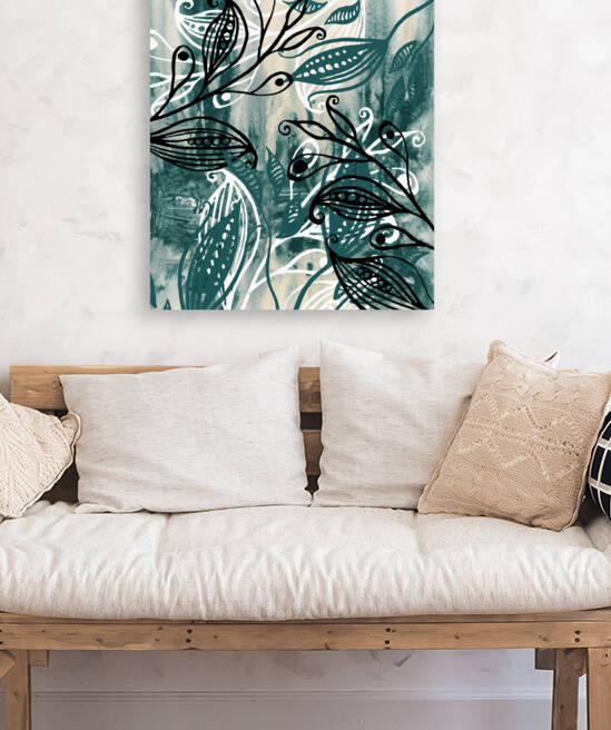 Deep Teal White And Black Leaves Seeds Line Patte by Irina Sztukowski