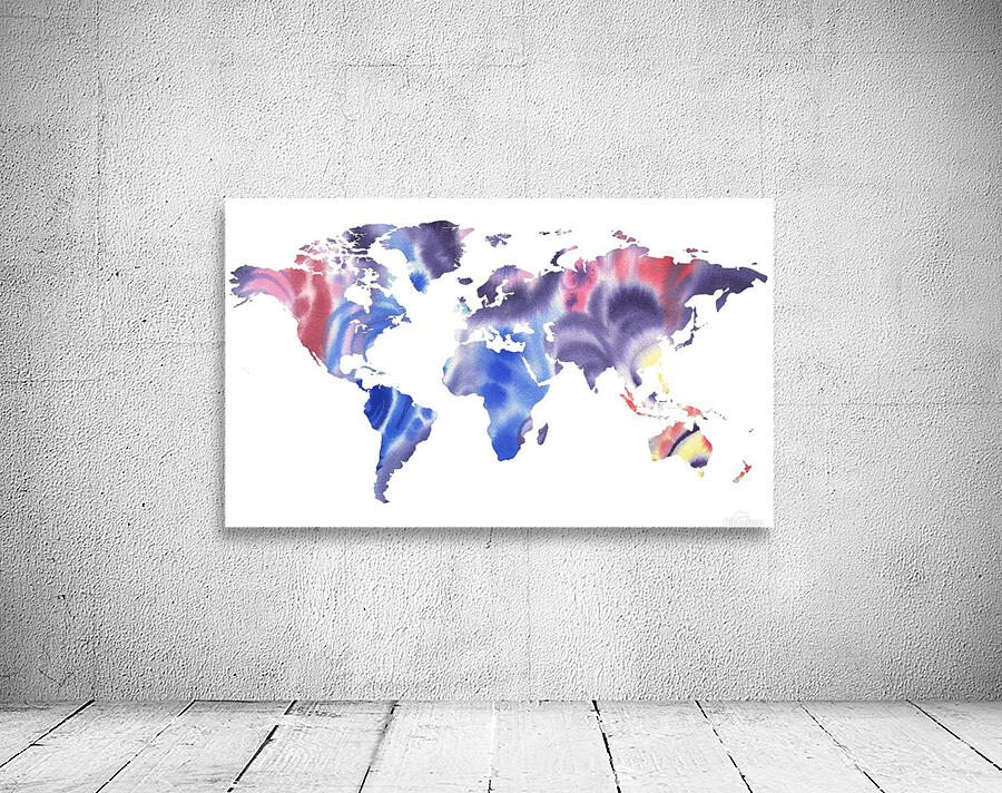 Watercolor Silhouette World Map Purple Blue Wall Preview