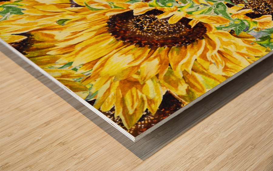 The Field Of Watercolor Sunflowers Pattern Wood print