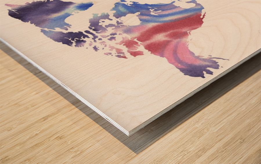 Watercolor Silhouette World Map Purple Blue Wood print