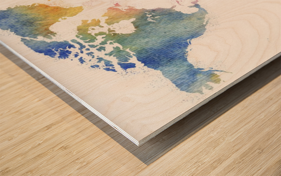 Watercolor Silhouette World Map Rainbow Sea Wood print