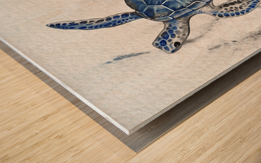 Watercolor Giant Turtle In Abstract Seaweed And Water IX Wood print