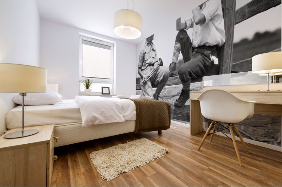 1930s 2 BOYS SIT ON SPLIT FENCE PRACT. BUGLE HORNS 232613 Mural print