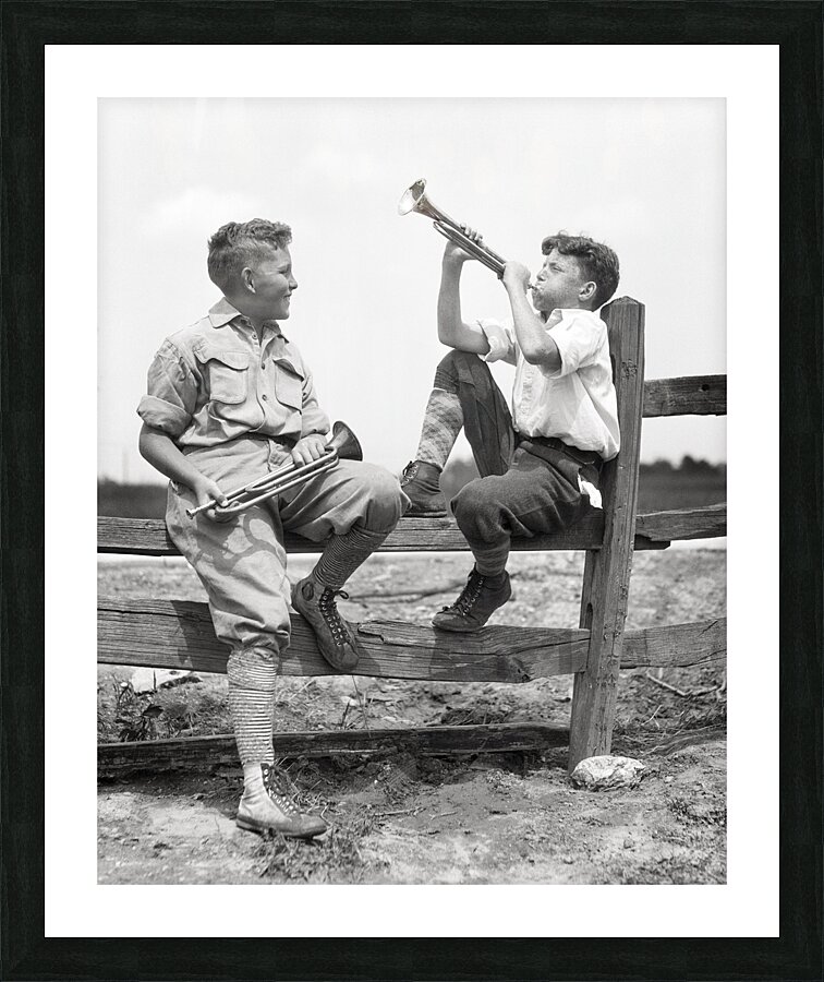 1930s 2 BOYS SIT ON SPLIT FENCE PRACT. BUGLE HORNS 232613 Picture Frame print