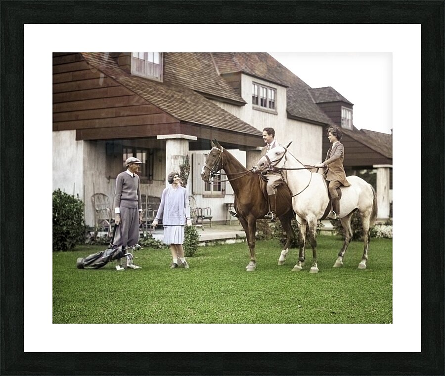 1920s-30s TWO COUPLES ONE ON HORSES THE OTHER WEARING GOLF CLOTHES AT THE BERKSHIRE HOUND AND COUNTRY CLUB BERKSHIRES MA USA 245286 Picture Frame print