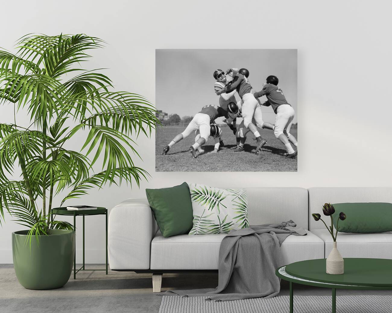 1960s SIX MEN PLAYING FOOTBALL GROUP TACKLE 186823 Reproduction