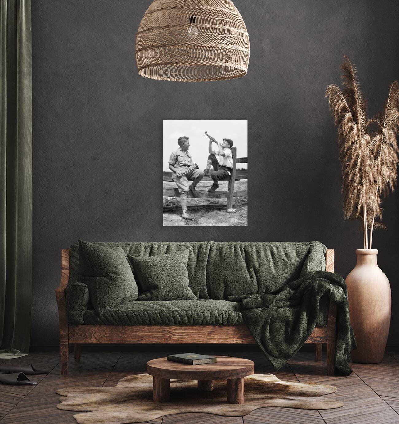 1930s 2 BOYS SIT ON SPLIT FENCE PRACT. BUGLE HORNS 232613 Reproduction