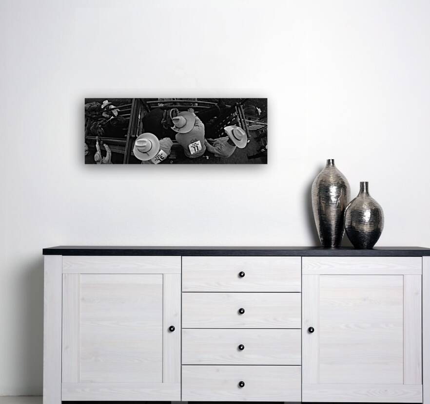 High angle view of cowboys with horses at rodeo Wichita Falls Texas USA 146585 Reproduction