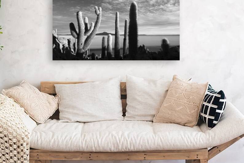 Cacti at sunrise in black and white Salar de Uyuni by Magical Andes Photography