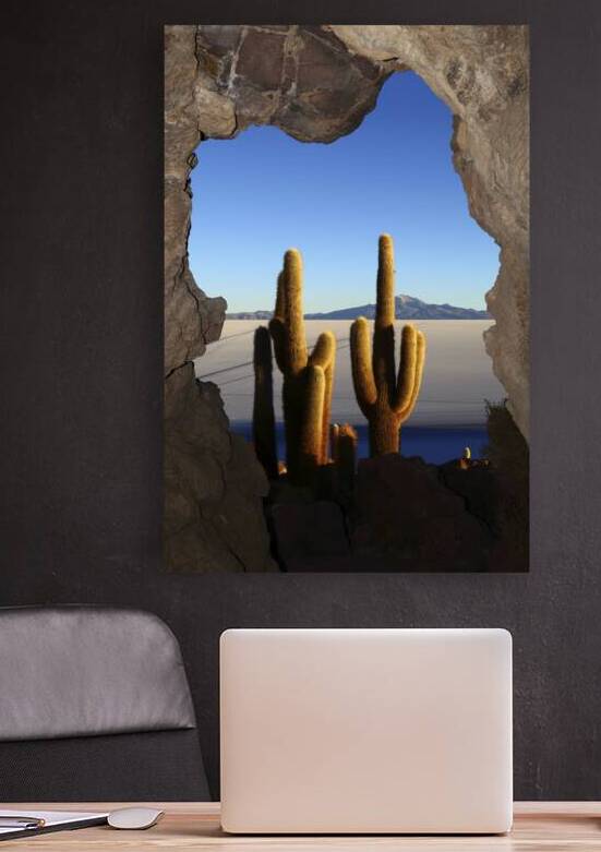 Cave and cacti at sunrise Incahuasi Island Salar de Uyuni by Magical Andes Photography