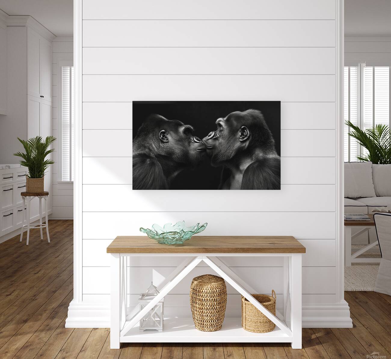Two gorillas lovingly kissing Reproduction