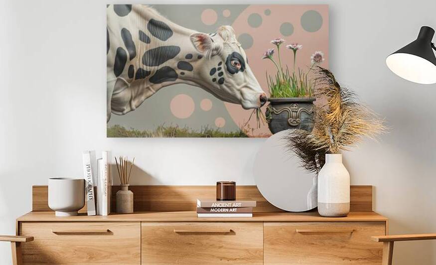 Spotted cow grazing grass from a pot. by iRT