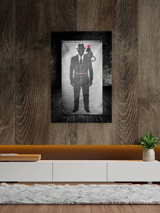 Black and white target featuring silhouettes of a man and a monkey by iRT