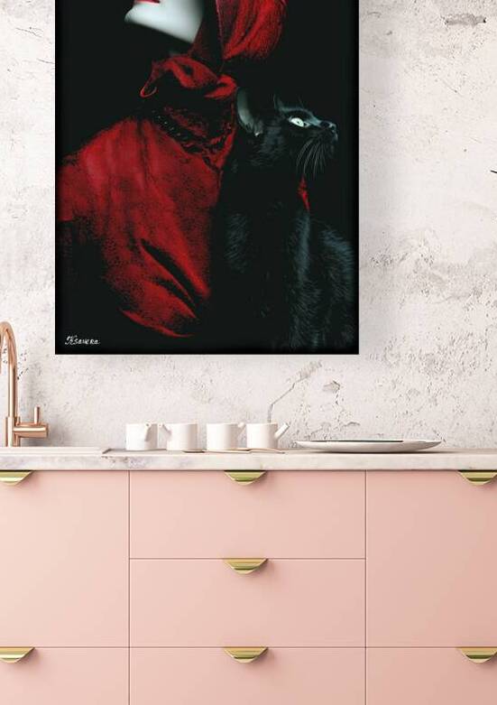Lady in red with black cat FA 25 2x3  335 by Ksavera ART