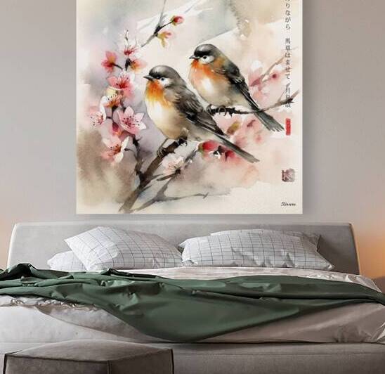 Japanese Love Birds Sakura Brunch Spring Landscape Sunrise Watercolor rj 0070 5670 300 ostanovil konia by Ksavera ART