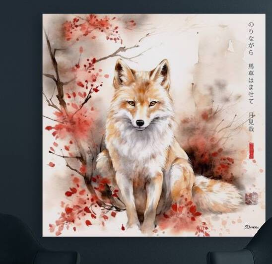 Japanese fox Love Birds Sakura Brunch Spring Landscape Sunrise Watercolor  rj 0052 5670 300 ostanovil konia by Ksavera ART
