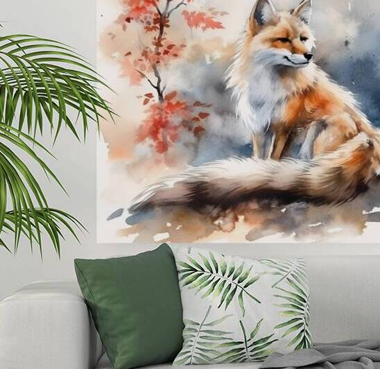 Japanese fox Love Birds Sakura Brunch Spring Landscape Sunrise Watercolor rj 0054 5670 300 ostanovil konia by Ksavera ART