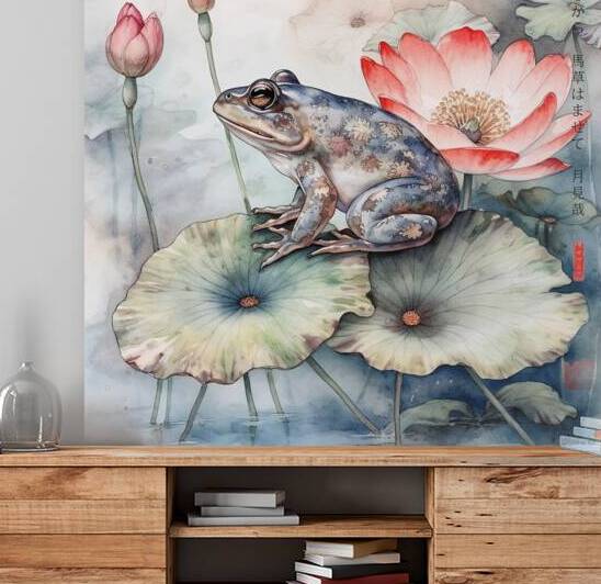 Japanese frog and lotus Love Birds Sakura Brunch Spring Landscape Sunrise Watercolor rj 0061 5670 300 ostanovil konia by Ksavera ART