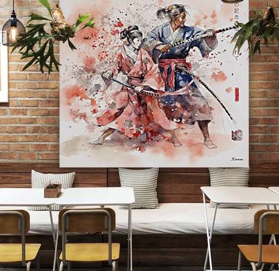 Japanese Martial Arts Samurai Geisha Landscape Watercolor   rj 0078 5670 300 by Ksavera ART