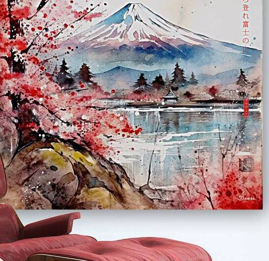Mount Fuji snail Spring Landscape Sunrise Watercolor rj 0097 5670 300 by Ksavera ART