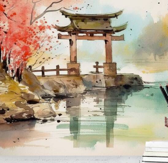 Japanese Shinto Shrine Gate Torii River Landscape Rain Watercolor rj 0076 5670 300 ostanovil konia by Ksavera ART