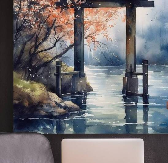 Japanese Shinto Shrine Gate Torii River Landscape Rain Watercolor rj 0071 5670 300 ostanovil konia by Ksavera ART