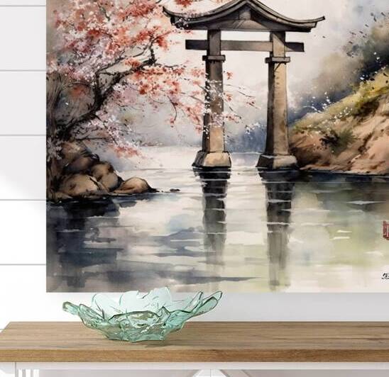 Japanese Shinto Shrine Gate Torii River Landscape Rain Watercolor rj 0077 5670 300 ostanovil konia by Ksavera ART