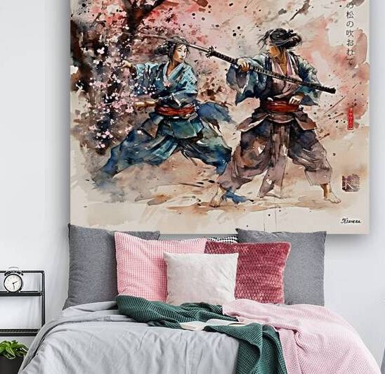 Japanese Martial Arts Samurai Geisha Landscape Watercolor  rj 0080 5670 300 by Ksavera ART