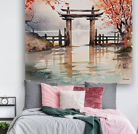 Japanese Shinto Shrine Gate Torii River Landscape Rain Watercolor rj 0073 5670 300 ostanovil konia by Ksavera ART