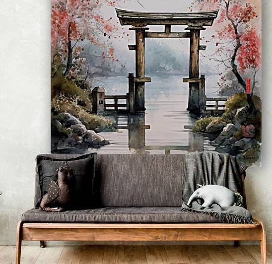 Japanese Shinto Shrine Gate Torii River Landscape Rain Watercolor rj 0075 5670 300 ostanovil konia by Ksavera ART