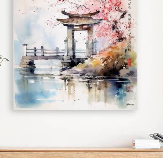 Japanese Shinto Shrine Gate Torii River Landscape Rain Watercolor rj 0074 5670 300 ostanovil konia by Ksavera ART