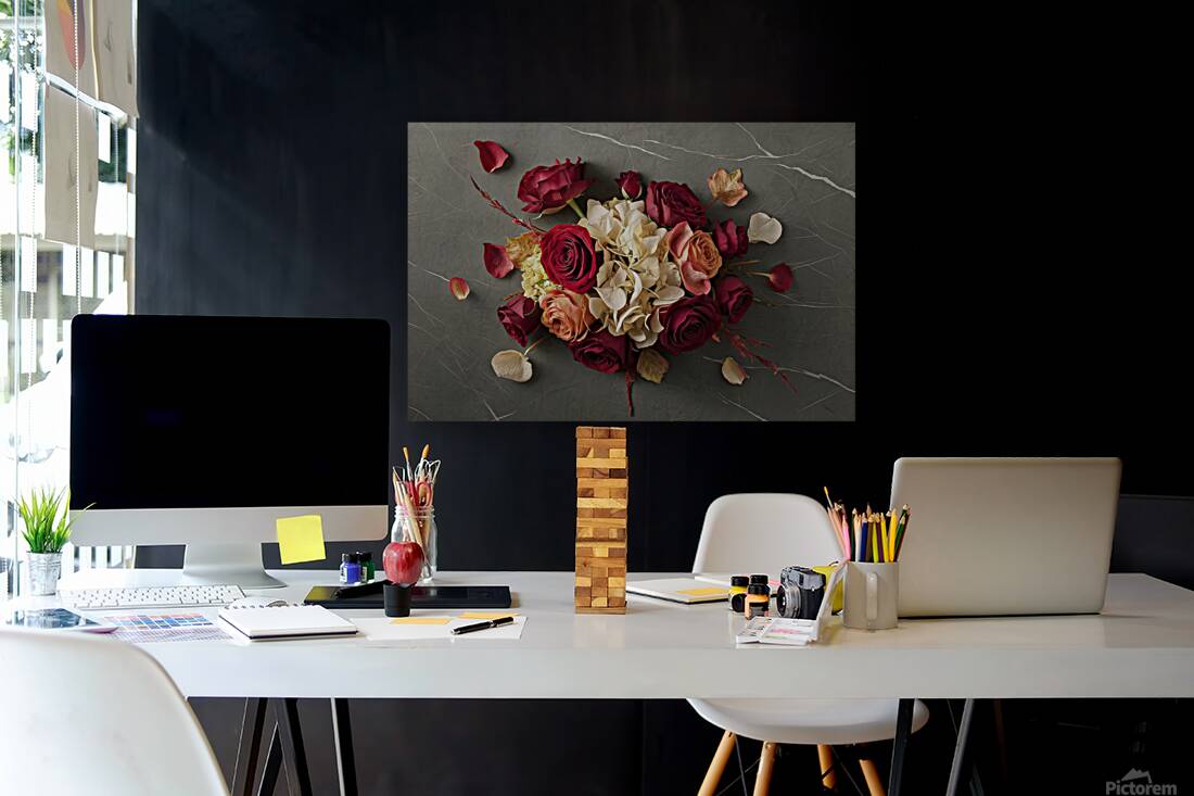 Autumn creative composition roses hydrangea flowe Reproduction