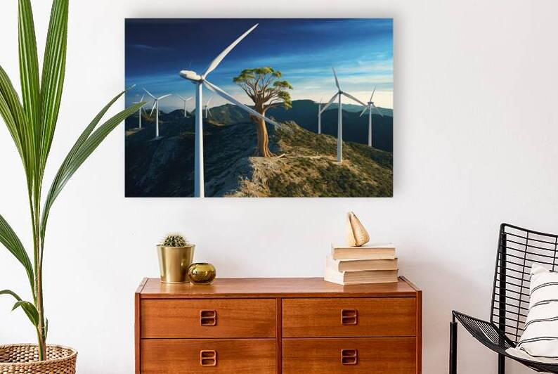 Wind turbines on mountain with blue sky and branc by Marius Tomus