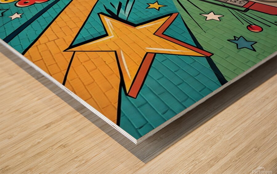 a pop art inspired wall art with bright comic sty Wood print