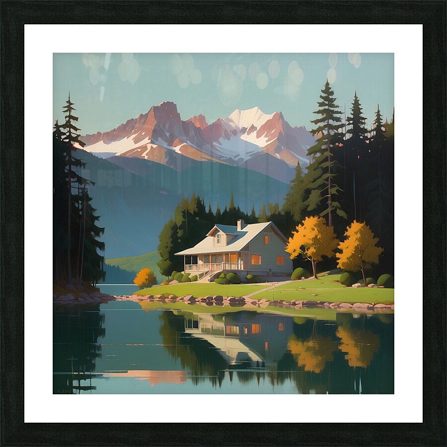 openart a painting of a lake with a house  Picture Frame print