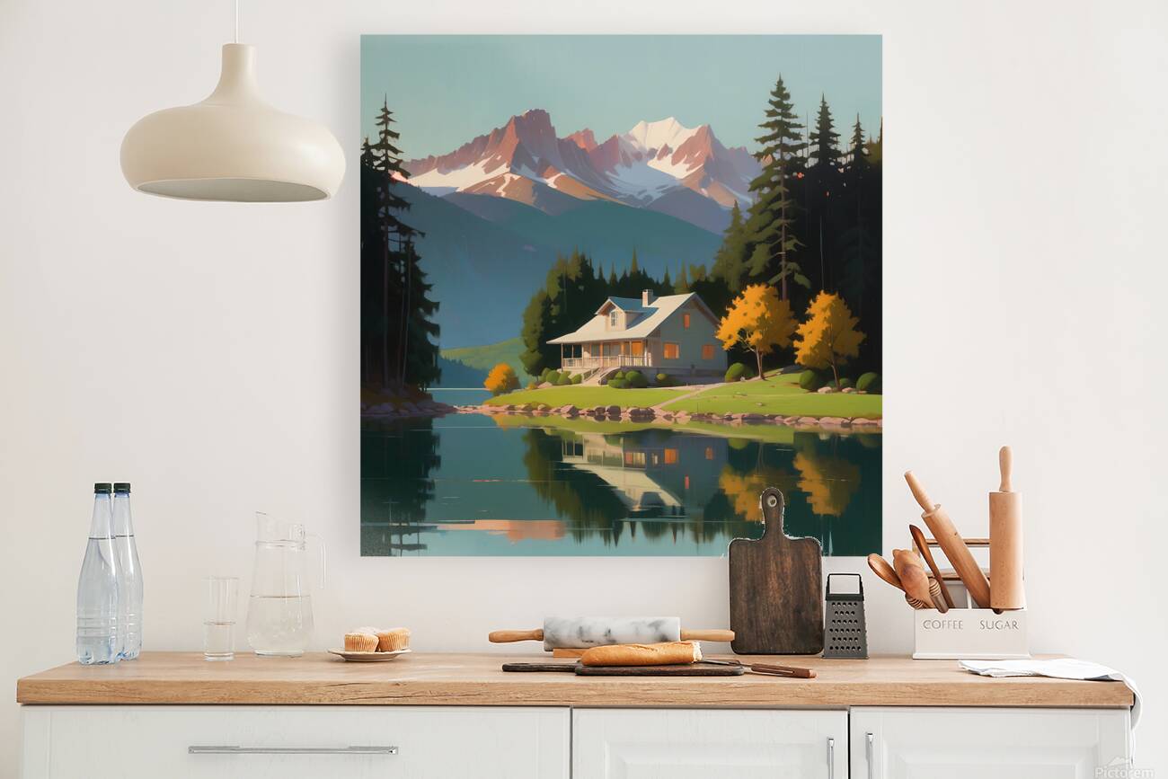 openart a painting of a lake with a house  Reproduction