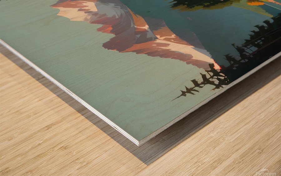 openart a painting of a lake with a house  Wood print