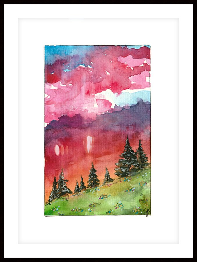 Vibrant Pink Sky Landscape Art Print by awanderingpalette