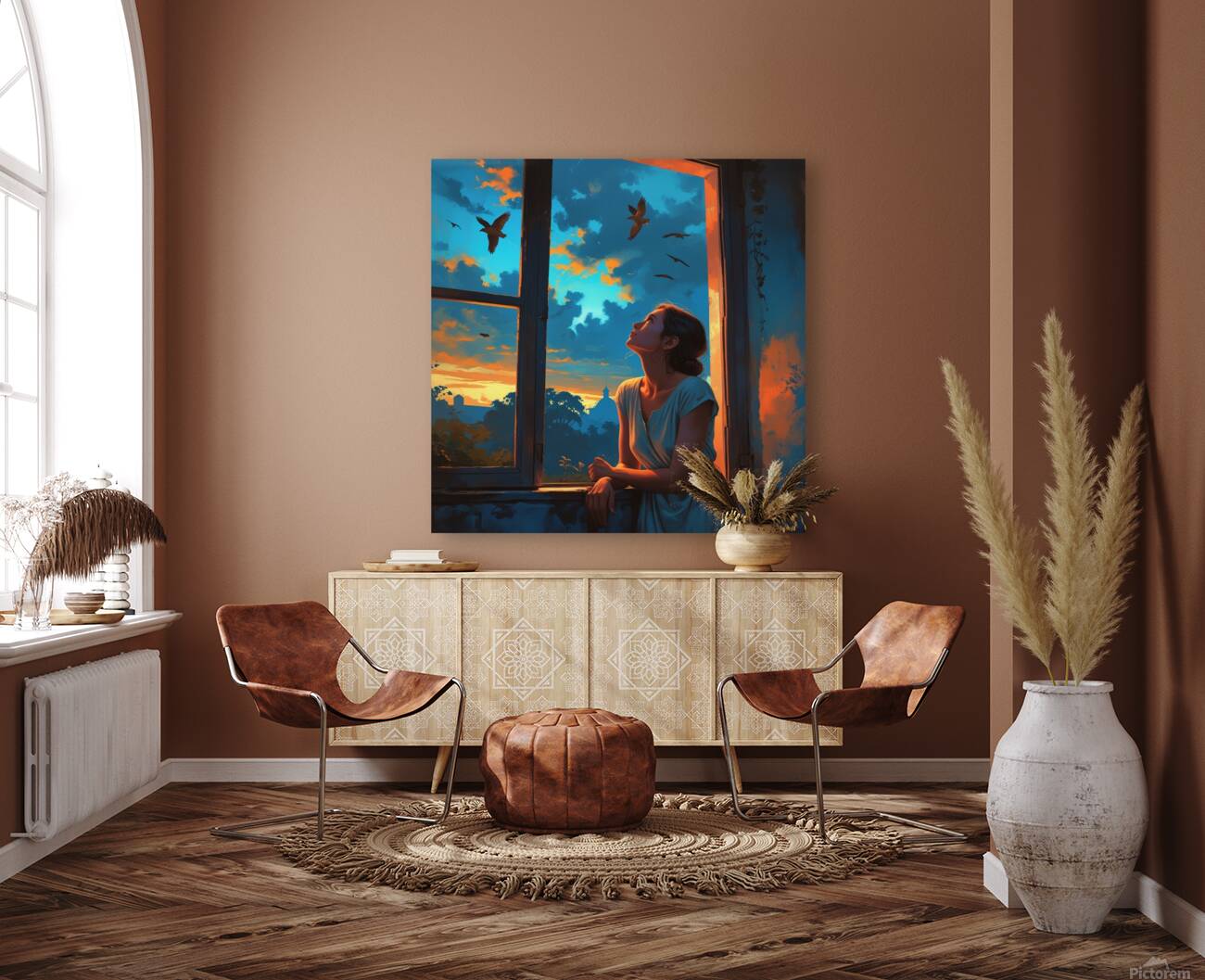 A woman in a simple dress leans on a window sill of an old house Reproduction