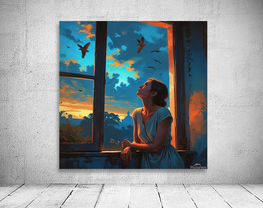 A woman in a simple dress leans on a window sill of an old house Wall Preview