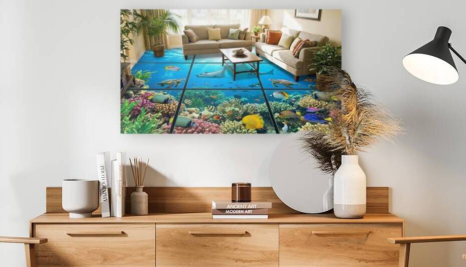 3D Ocean World Floor Mural Wallpaper – Underwater Sea Illusion Wall Art for Modern Home Decor by Roseyasmine