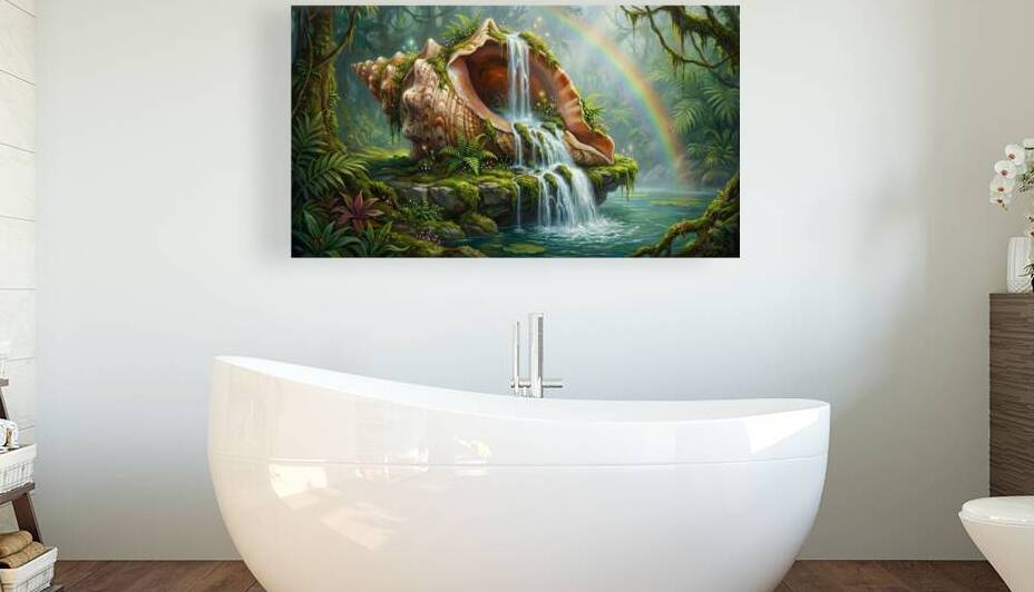 Conch Shell Waterfall Wall Art – Surreal Ocean Fantasy Painting by Roseyasmine