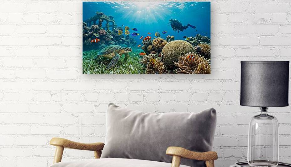 Underwater Paradise Wall Art – Tropical Coral Reef Sea Turtle & Colorful Fish Ocean Print by Roseyasmine