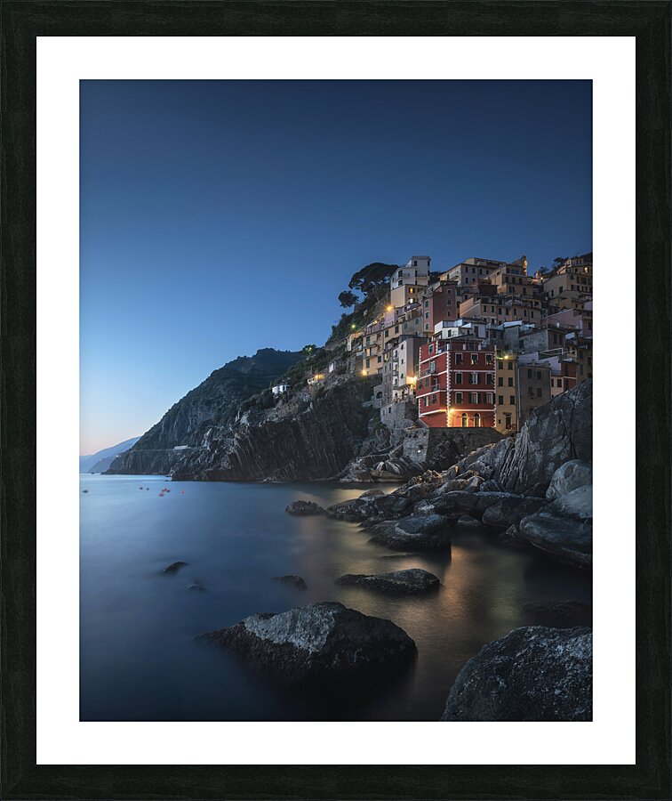 Blue twilight over the fishing village of Riomaggiore Picture Frame print