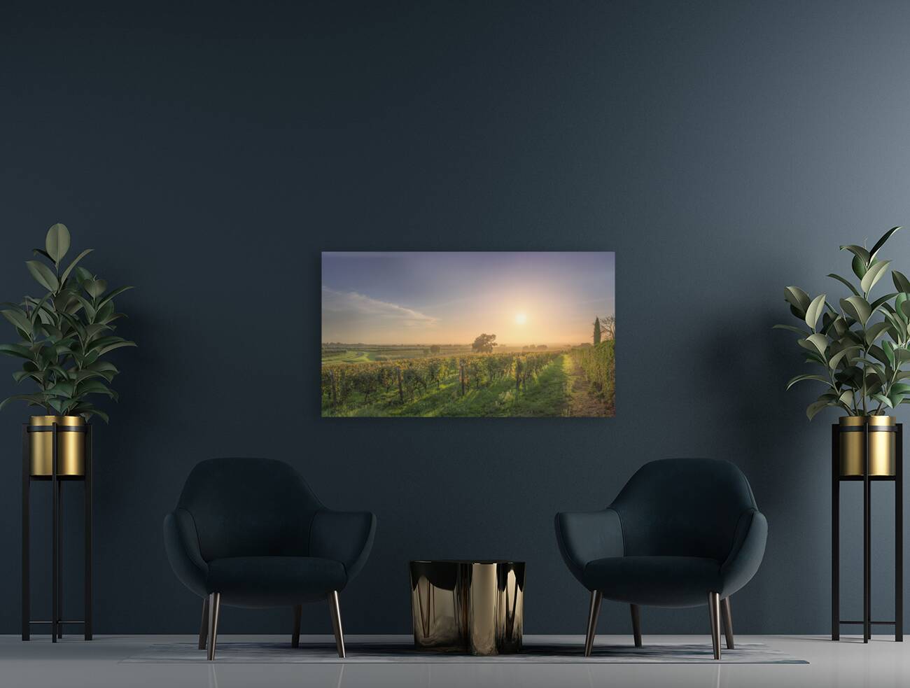 Bolgheri vineyards and trees in a foggy sunset Reproduction