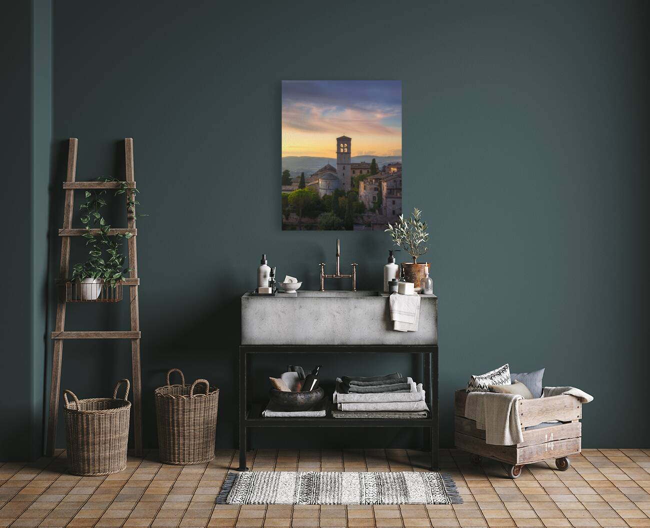 Assisi town and Santa Maria Maggiore church. Umbria Italy Reproduction