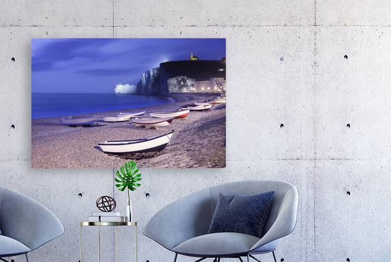 Boats on Etretat beach on a foggy night. Normandy by Stefano Orazzini