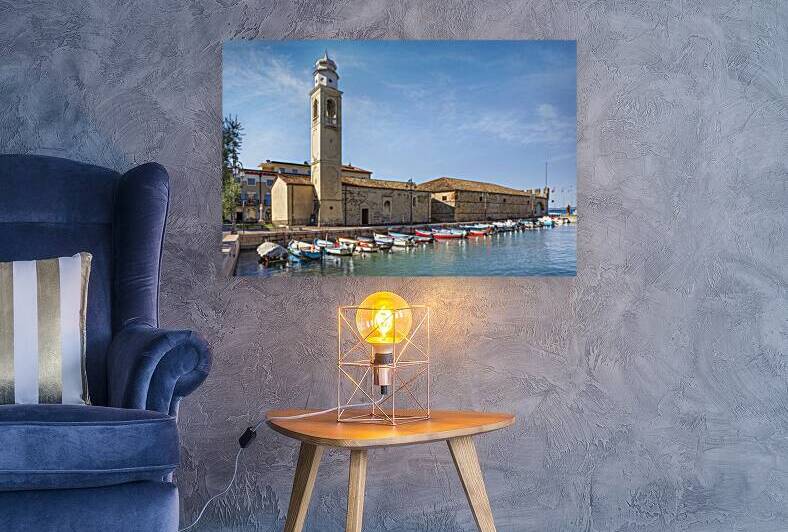 Lazise Harbor Bell Tower and Boats on Lake Garda by Stefano Orazzini