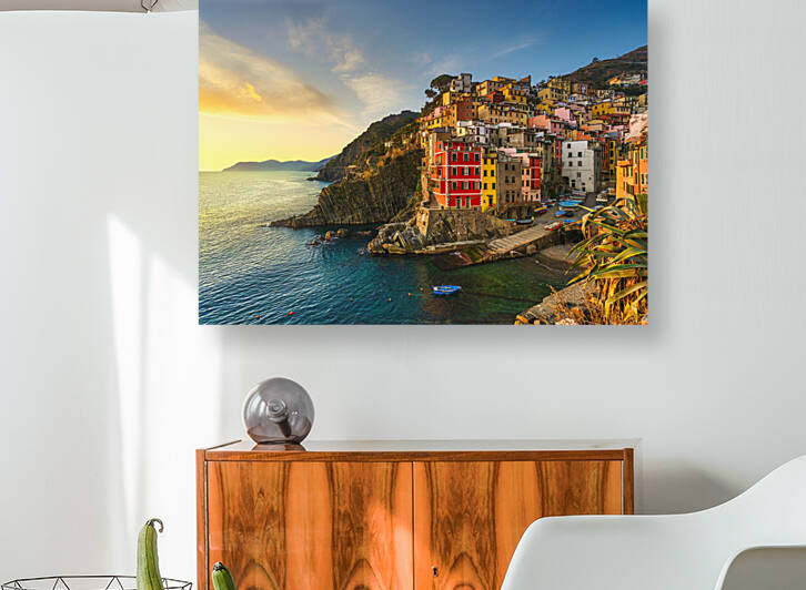 Riomaggiore town seascape at sunset. Cinque Terre Italy by Stefano Orazzini