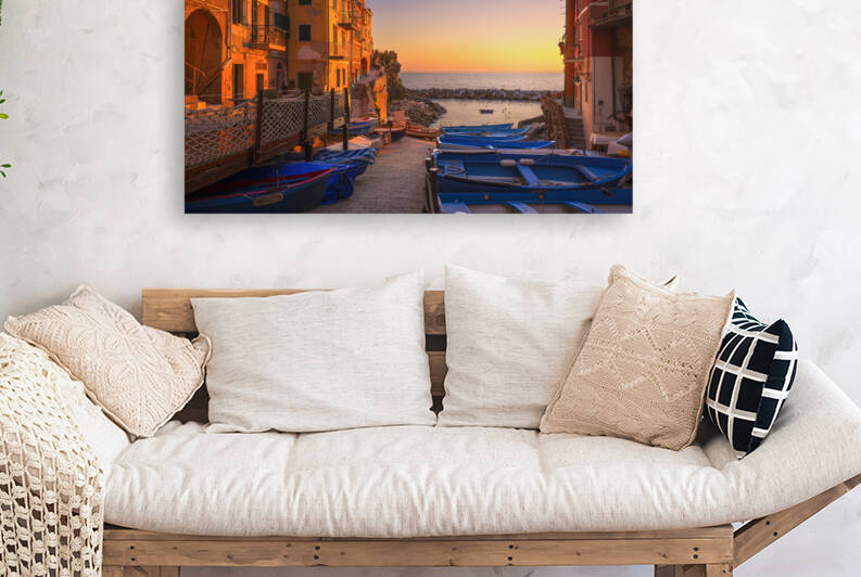 Riomaggiore village street boats and sea at sunset. Cinque Terre by Stefano Orazzini